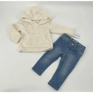 Girls 12 Month Outfit Sweatshirt Jeans Fluffy Cream Hoodie Jean Jeggings Set